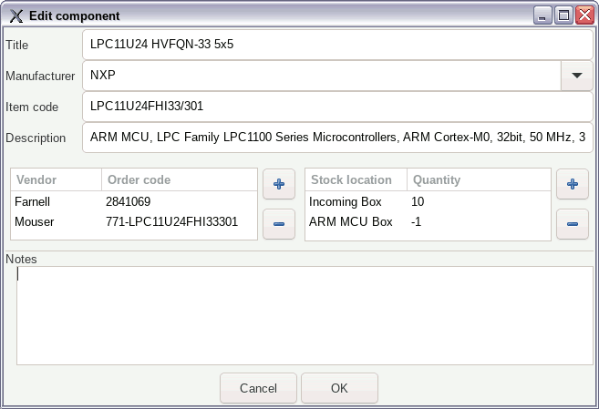 Screenshot of component dialog